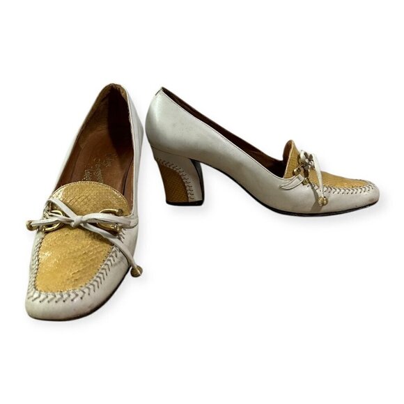 Vintage Rosina Ferragamo Schiavone Heeled Loafer Pumps,  Size 5.5, White Yellow - Picture 1 of 10